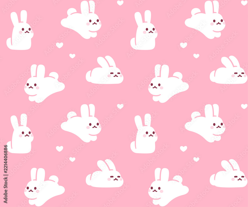 Obraz premium Cute cartoon rabbit pattern on pink background, baby girl color. Simple, adorable hand drawn white bunnies in different poses. Vector illustration.