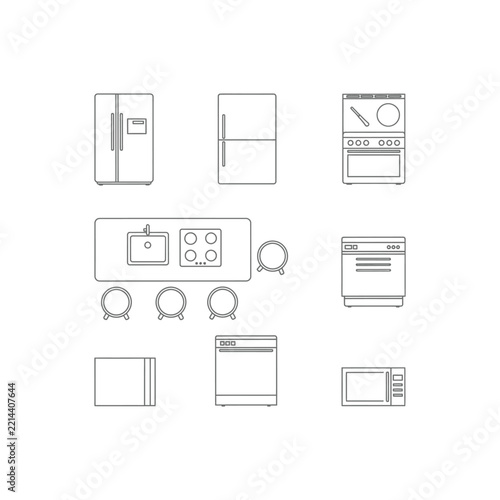 Kitchen appliances and furniture icon collection with refrigerator, stove, sink, dishwasher, microwave and dining table, gray outlines isolated on white background for interior floor plans.