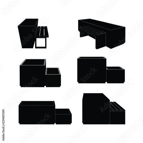 Black office desk silhouette collection with six workstation designs in mixed viewpoints, isolated on white background for furniture catalogs, workspace planning and interior design layouts.