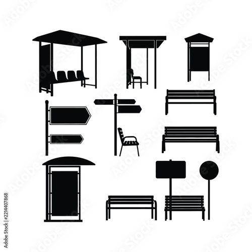 Street furniture silhouette collection with benches, bus shelters, litter bins and directional signs, isolated on white background for urban planning, park design and public outdoor spaces.