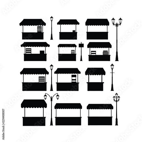 Market stalls and street lamps silhouette set with vendor kiosks, striped awnings, outdoor booths and ornate lampposts isolated on white background for urban retail and street market design.