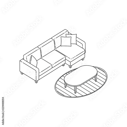Isometric living room furniture with stylish sofa, cushions and oval coffee table on a striped rug, minimalist black line art isolated on white background for interior design and home decor.