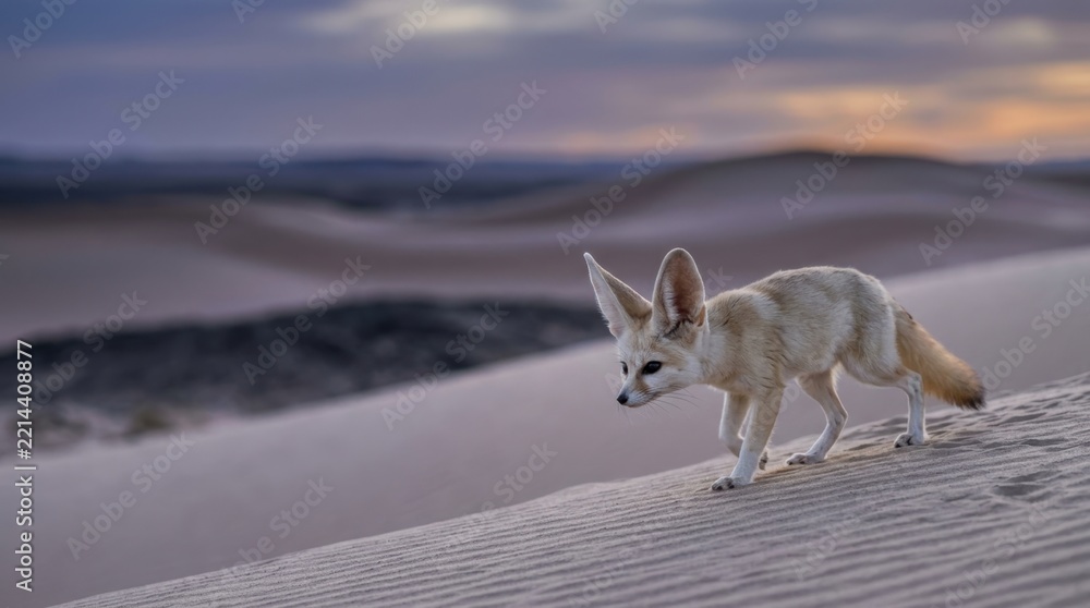 Fototapeta premium A fennec fox walking across the soft sand dunes of the Sahara desert during the golden sunset