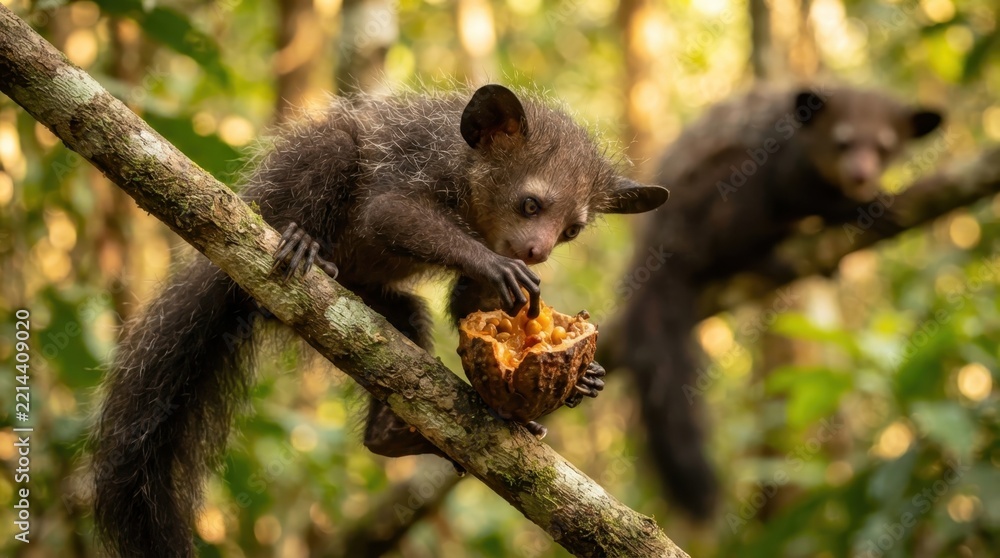 Fototapeta premium Rare aye-aye lemur foraging for food on a tree branch in the lush Madagascar rainforest habitat