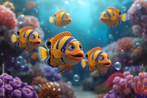 cute tropical fish school swimming in underwater coral reef, marine life concept.