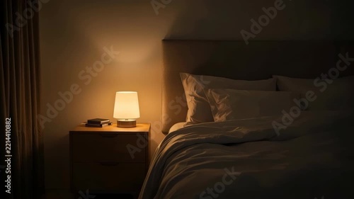 Warm Bedside Lamp Illuminating Cozy Bedroom Interior Night with Rumpled Bedding and Calm Restful