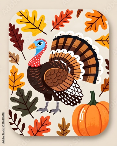 A cute Thanksgiving turkey background image with orange pumpkins and autumn leaves, a concept related to the autumn harvest.