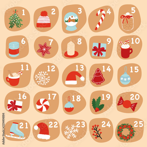 Christmas Advent Calendar Vector with 25 Festive Holiday Icons. Flat Christmas advent calendar vector with Christmas tree, ornaments, gifts, candy cane, snowflakes, candles, Santa hat