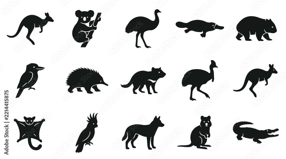 Fototapeta premium Australian Wildlife Animals Silhouette Vector Set for Nature and Safari Designs 