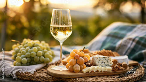 Chilled white wine in glass with grapes and cheese platter, vineyard background, golden hour light, luxury summer picnic scene