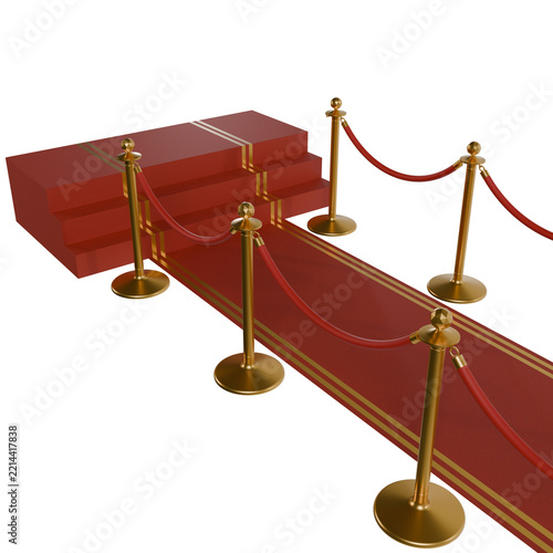 Red Carpet Entrance with Golden Stanchions and Velvet Ropes Leading to Stage Podium for VIP Event Award Ceremony 3D Render