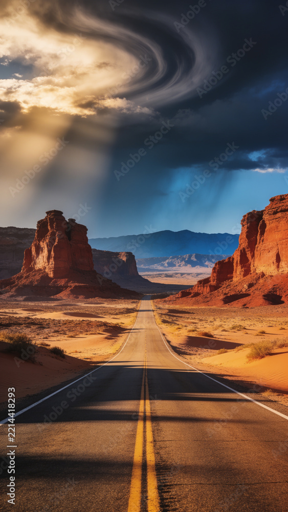 Fototapeta premium Desert highway toward red rock buttes