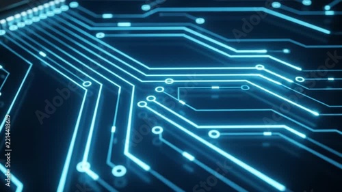 A futuristic video showcasing a microchip on a circuit board in a dark background