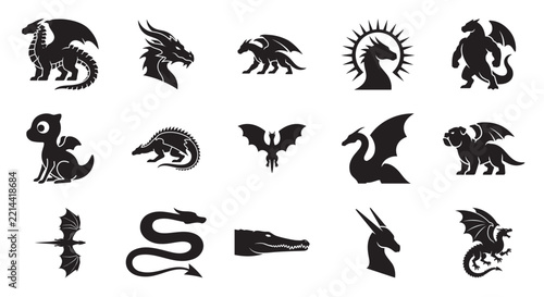 Black dragon silhouette icons set, mythical creature vector illustrations, 15 fantasy dragon logo elements for gaming and branding