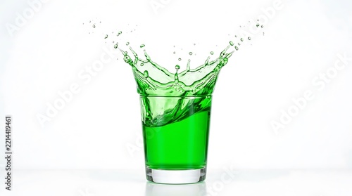 Green liquid splashing out of a glass cup isolated on white background