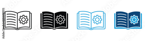 Technical documentation icon set with open book and gear symbols for engineering, manuals, knowledge, and guides.