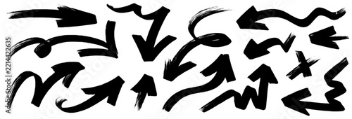 Thick brush arrow curve doodle set. Hand drawn thick brush arrow paint curve loop turn wave x stroke. Bold black grunge rough ink art navigation direction texture background. Vector illustration