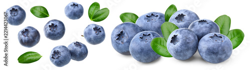 blueberries with green leaf isolated on white background. macro. clipping path
