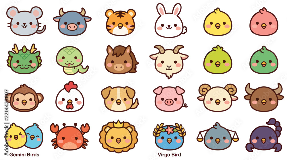 Obraz premium Cute animal zodiac icons collection