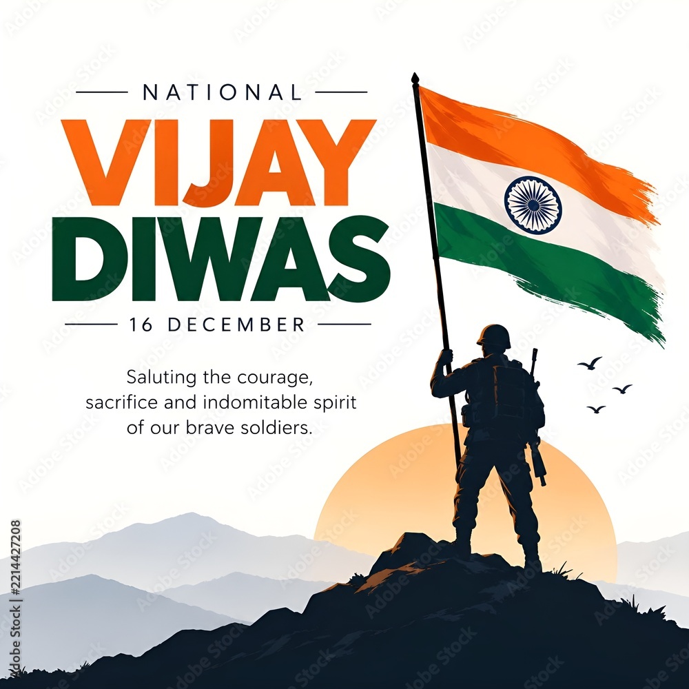 Fototapeta premium National vijay diwas poster with soldier silhouette standing on mountain with flag