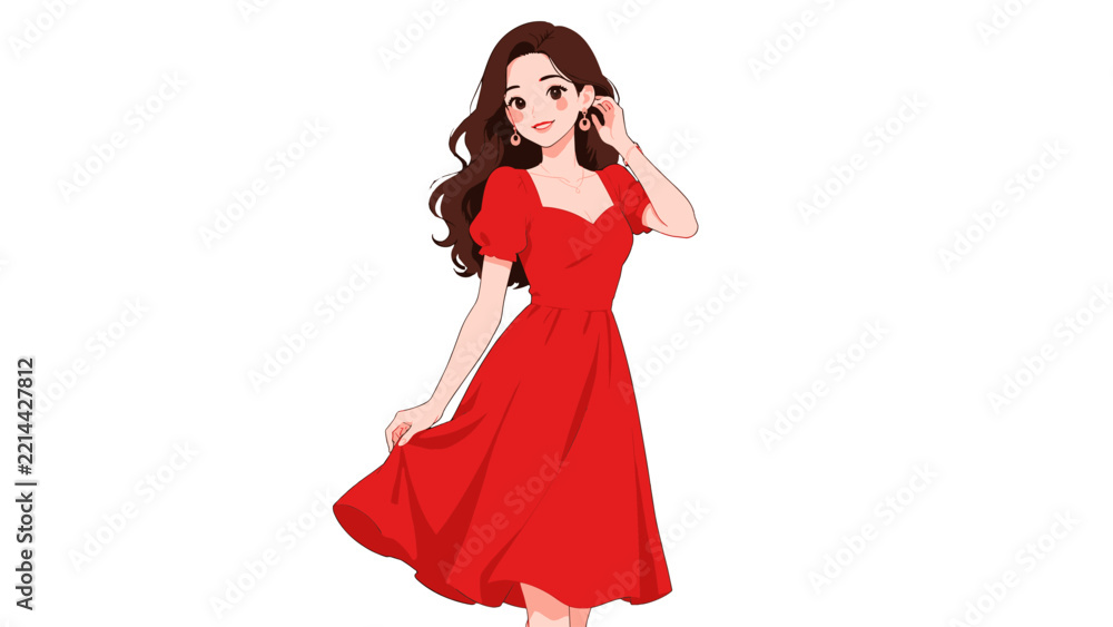 Fototapeta premium Woman in a red dress posing with one hand at her ear