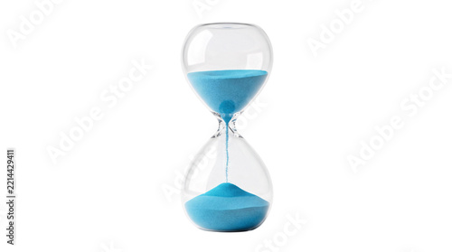 Obraz na plátně Glass hourglass with blue sand flowing downward isolated on transparent backgrou