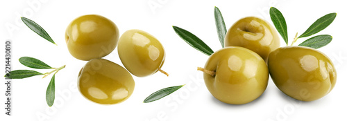 green olives with green leaves isolated on white background. clipping path