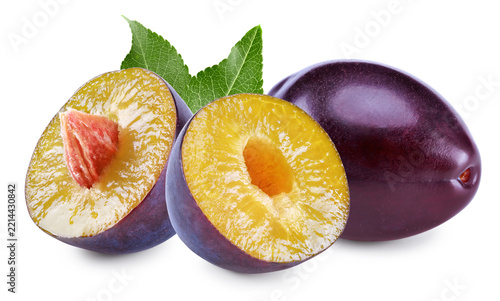half of fresh plum fruit with green leaf isolated on white background. clipping path
