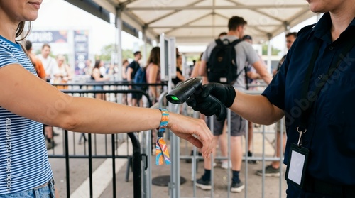 Security guard scanning wristband at festival entrance gate. Event staff checking admission ticket barcode for concert attendee