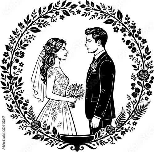 Romantic Wedding Couple Silhouette Vector Illustration in Circular Floral Wreath Frame for Bride and Groom Elegant Marriage Invitation Designs