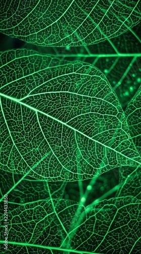 Close-up of Green Leaf Veins with Digital Network Effect.