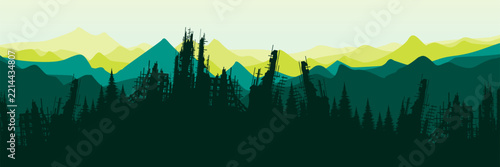 Modern website header showing post apocalyptic ruins and vibrant green mountains