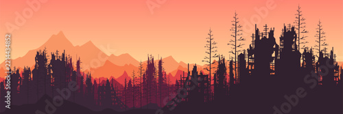 Warm orange sunset ruined city banner with dark silhouette and massive copy space