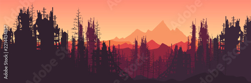 Flat vector background template featuring abandoned dystopian city and bright text area