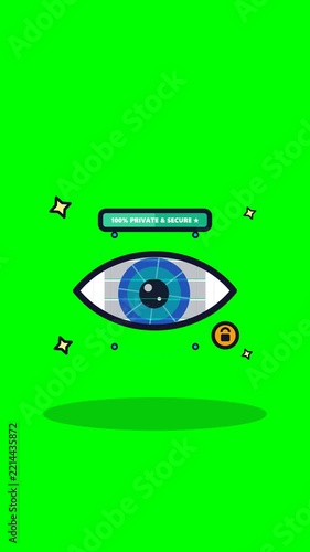 4K digital cyber eye scanning with privacy shutter defense, biometric iris aperture, and zero tracking badge on chroma green screen background loop.