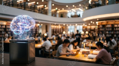 Futuristic glowing holographic AI brain on display with blurred modern library background and copy space