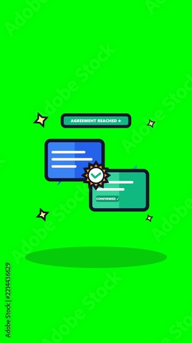 4K corporate communication speech bubbles negotiating partnership with deal sealed handshake emblem on green screen loop.