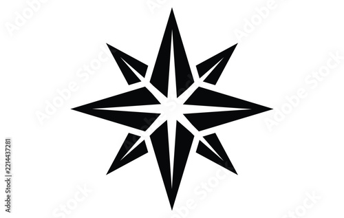 Black eightpointed star icon, compass rose symbol, vector illustration