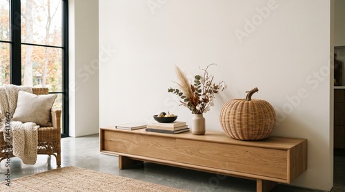 Wicker pumpkin ornament sits on a wooden console table beside a ceramic vase with dried pampas grass in a bright minimalist home. Seasonal Halloween decor with natural textures.