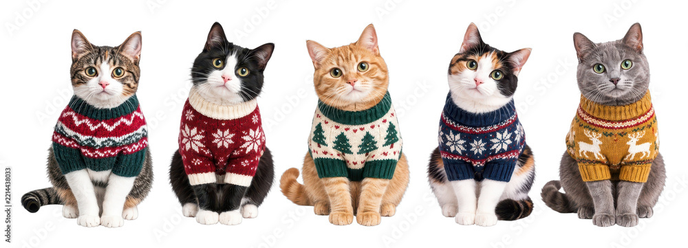 Fototapeta premium PNG Five cats wearing festive Christmas sweaters