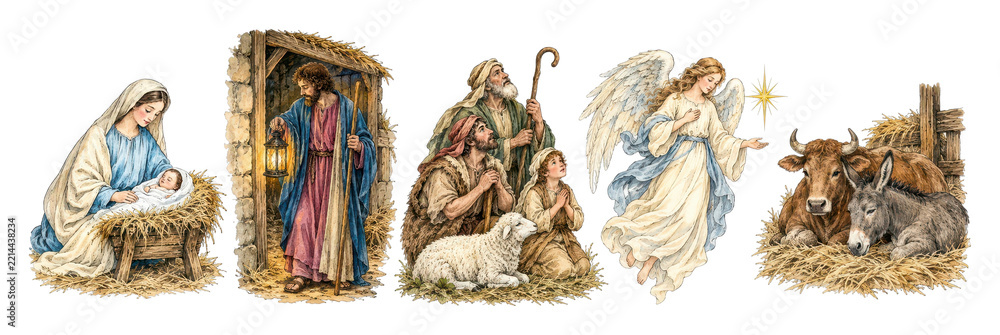 Fototapeta premium PNG Nativity scene with angels shepherds animals