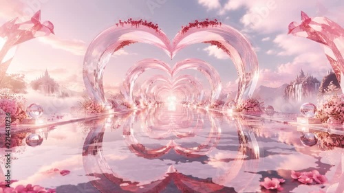 Pink Crystal Heart Tunnel in 4K with Floral Accents, Dreamy Reflections and Fantasy Castle Scenery, Looped Animation