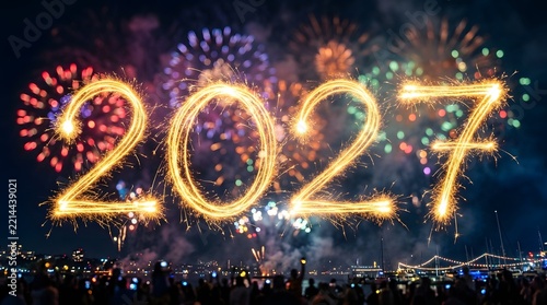 Bright golden 2027 new year celebration with vibrant fireworks and a city skyline background