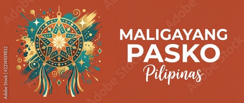 Maligayang Pasko Pilipinas Christmas lantern banner with traditional Filipino parol star design, festive watercolor paint splash vector illustration background for holiday greeting card copy space.