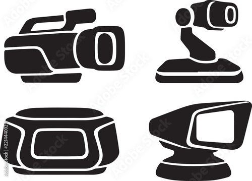 Premium minimalist collection of original AI-powered video production equipment silhouettes for modern content creation, automated filmmaking and next-generation media technology.