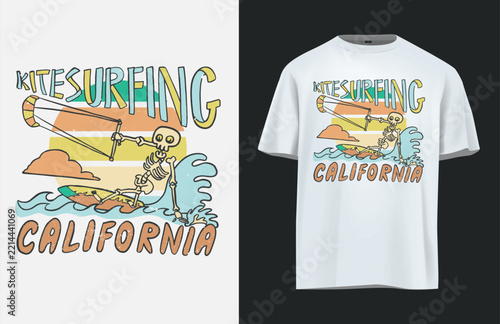 California kitesurfing vintage t shirt design with sunset illustration