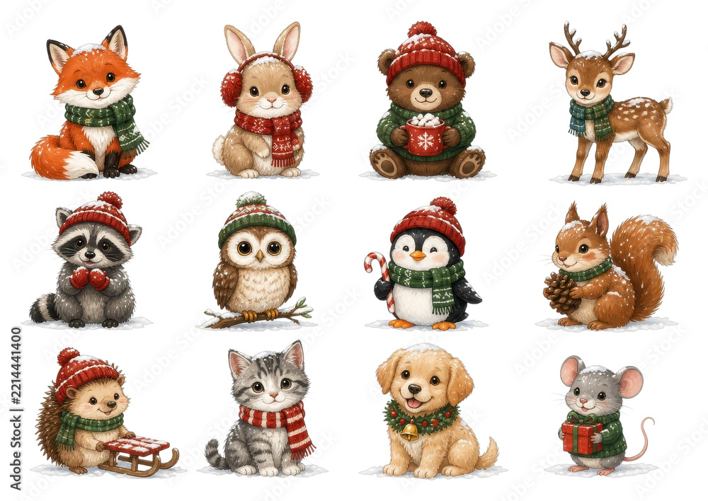 Fototapeta premium PNG clipart of diverse woodland animals in festive winter outfits, transparent background