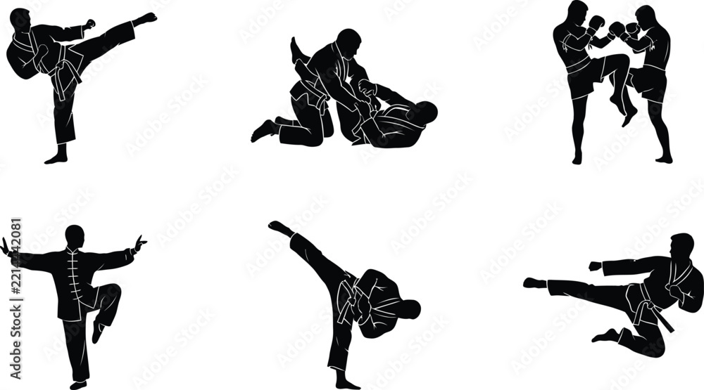 Fototapeta premium Martial Arts Silhouette Collection, Karate Taekwondo Kung Fu Kickboxing Combat Fighters Action Vector Illustration Bundle Set