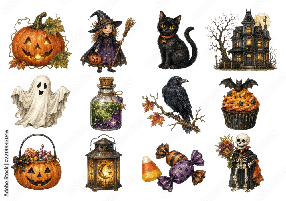 Fototapeta premium Halloween clipart collage with pumpkins, ghosts, witch, cat, raven, PNG transparent background