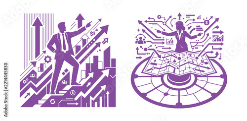 Two purple of business people with growth charts, arrows, city skyline, map, and navigation on white background